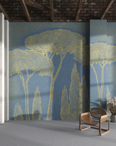 Illustrated Mediterranean cypress and stone pine trees wall mural for the living room