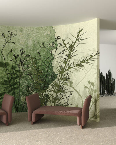 Asymmetric wall mural for the living room with branches of plants and flowers