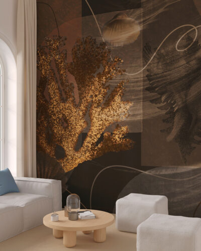 Geometric wall mural for the living room with oversized seashells and corals