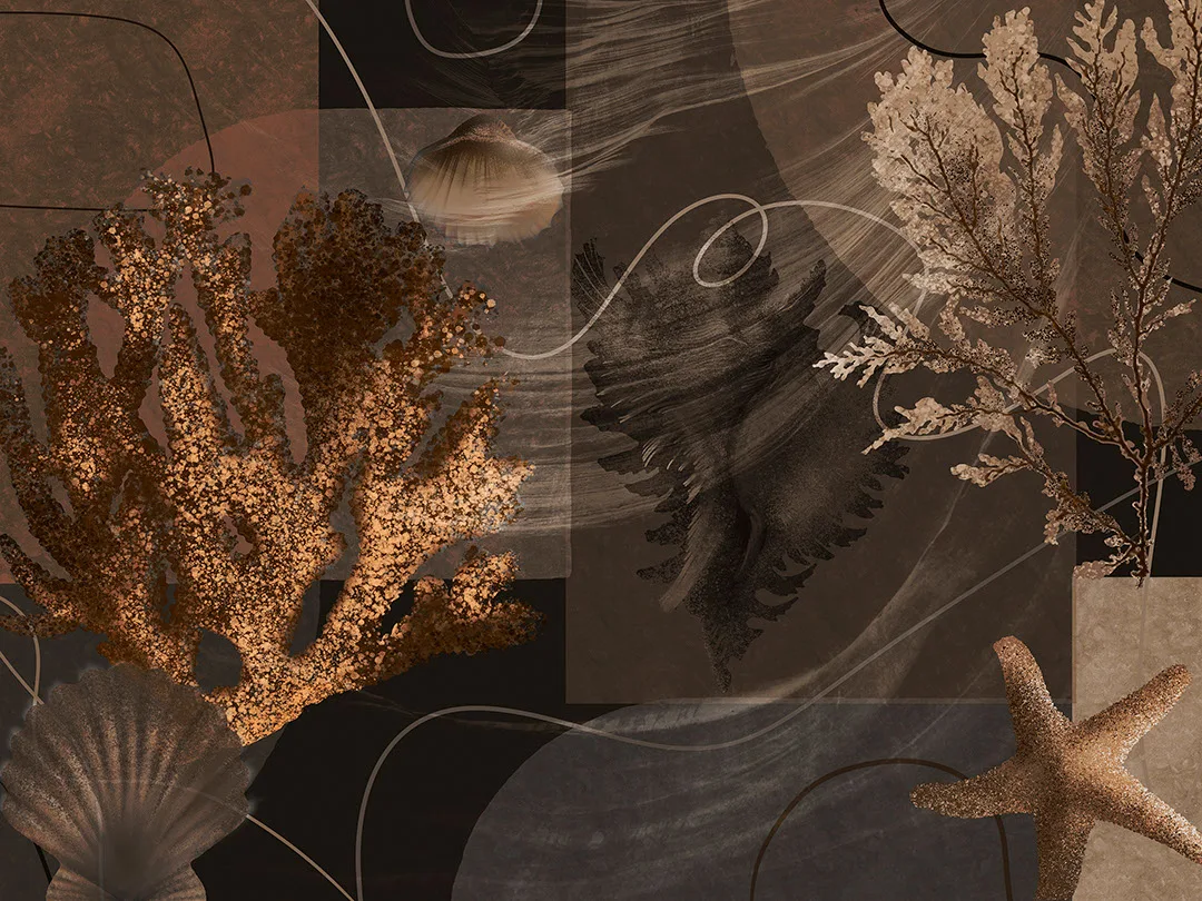 Brown geometric wall mural with oversized seashells and corals