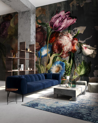Moody floral wall mural for the living room with large roses and peonies