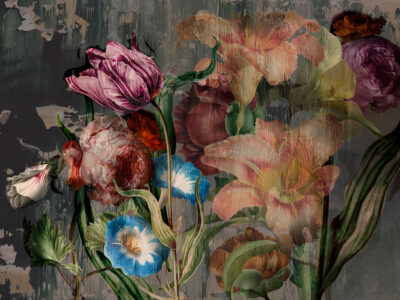 Moody floral wall mural with large colorful roses and peonies