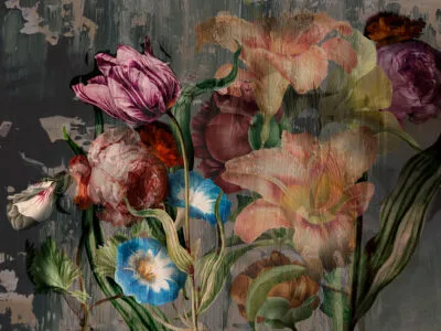 Moody floral wall mural with large colorful roses and peonies