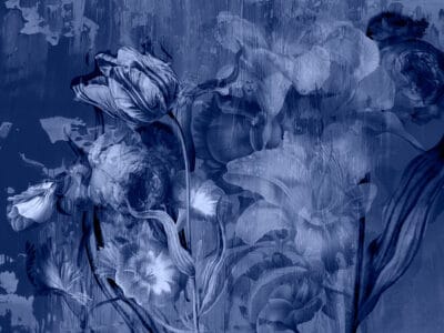 Moody blue floral wall mural with large roses and peonies