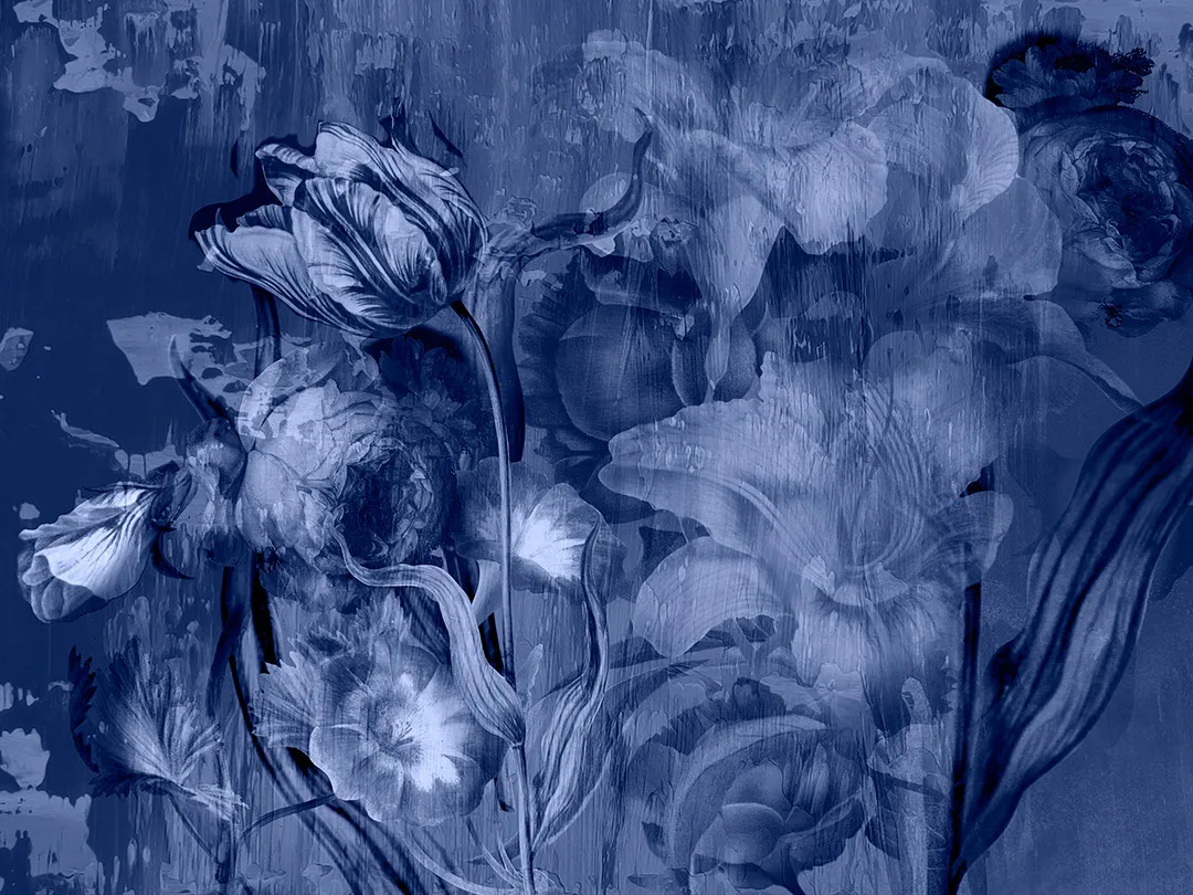 Moody blue floral wall mural with large roses and peonies