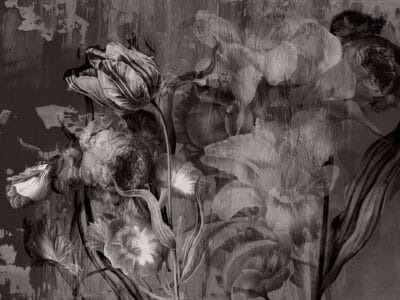 Moody floral black and white wall mural with large roses and peonies