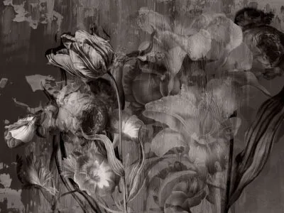 Moody floral black and white wall mural with large roses and peonies