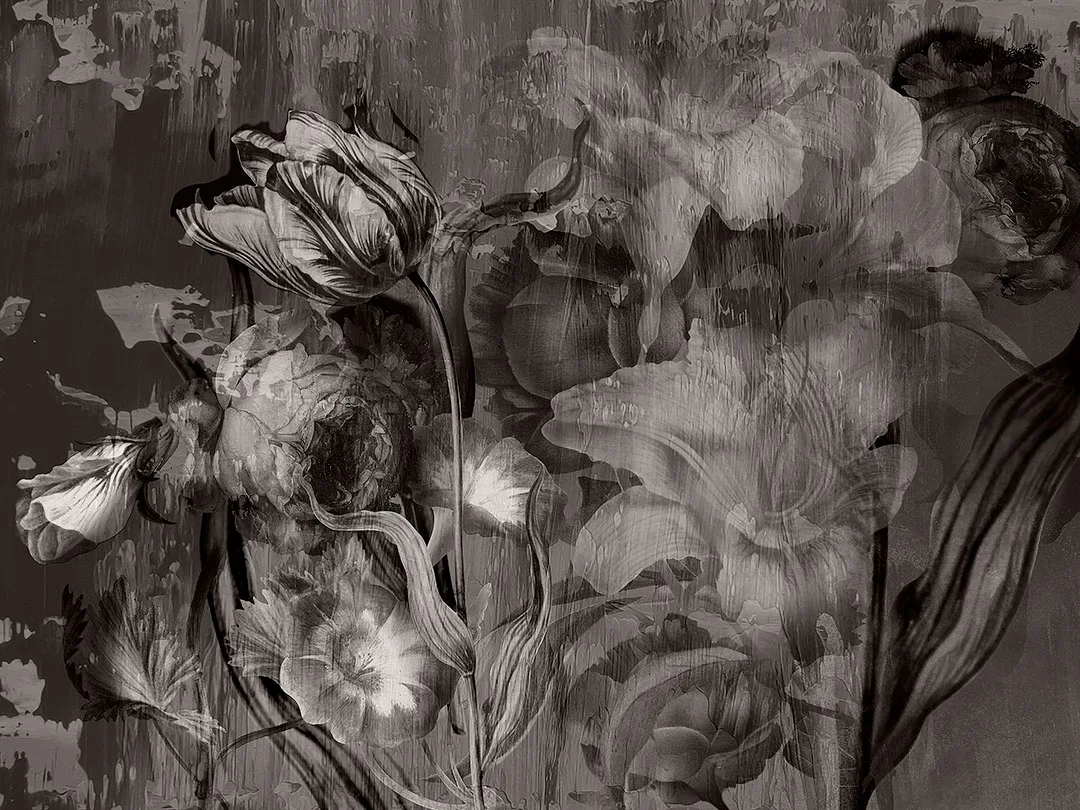 Moody floral black and white wall mural with large roses and peonies
