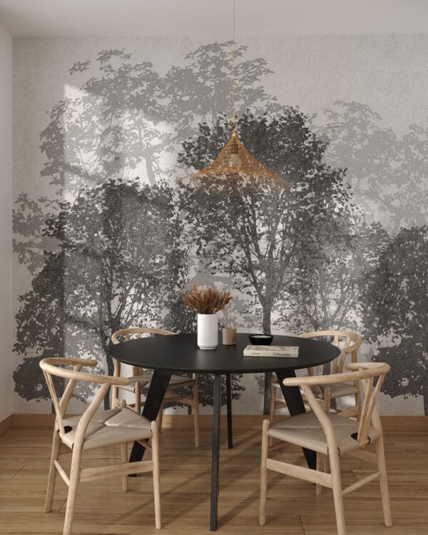 Minimalistic etched forest wall mural for the kitchen