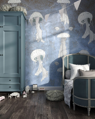 Jellyfish and seashells patterned wallpaper for a children's room