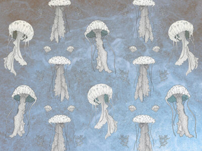 Jellyfish and seashells patterned wallpaper on the blue background