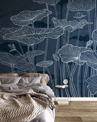 Minimalistic water lilies line drawing wall mural for the bedroom