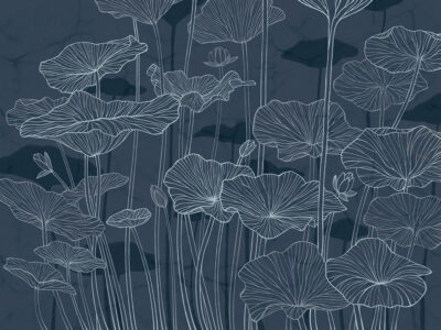 Minimalistic water lilies line drawing blue wall mural