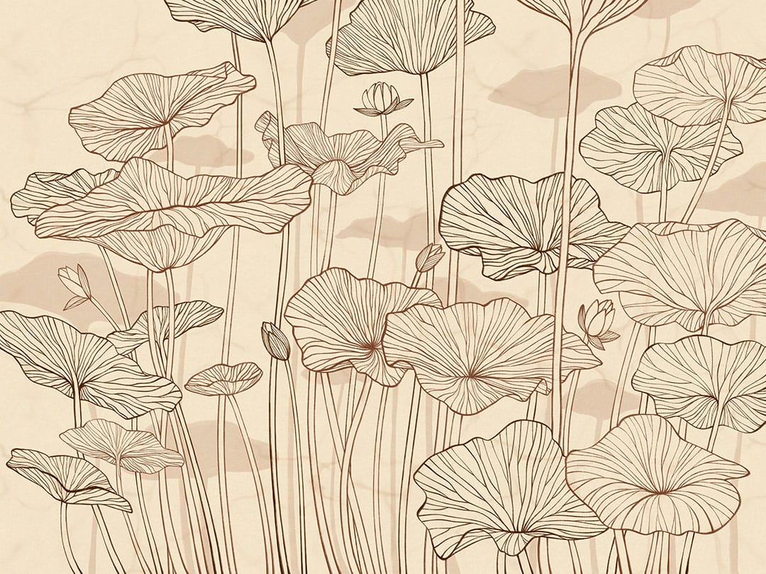 Minimalistic water lilies line drawing beige wall mural