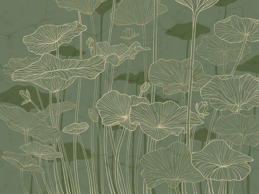 Minimalistic water lilies line drawing green wall mural