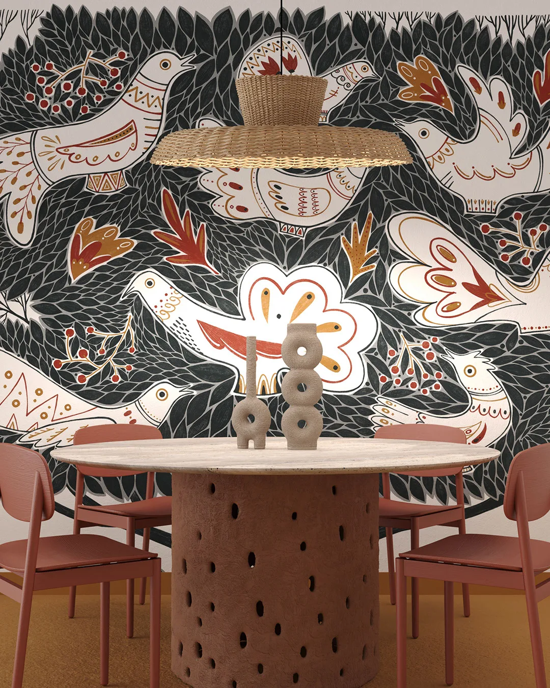 Wall Mural Chantant for the kitchen - kith2kin.com Ethnic Ukrainian wall mural for the kitchen with birds on a tree