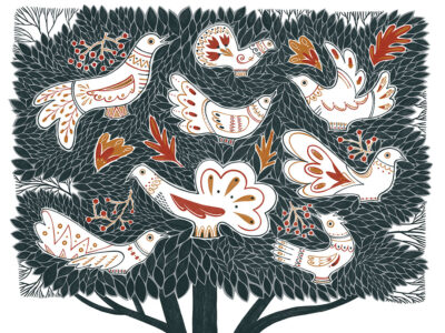 Ethnic Ukrainian wall mural with birds on a tree