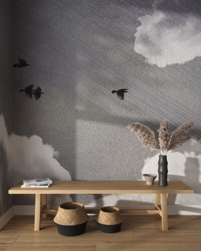 Textured clouds and dark birds wall mural for the living room