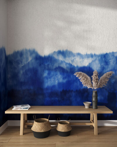 Deep blue ombre watercolor forest wall mural for the living room