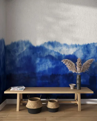 Deep blue ombre watercolor forest wall mural for the living room