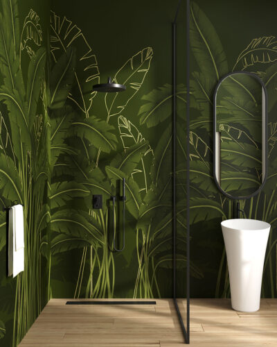 Green and gold tropical wall mural for the bathroom