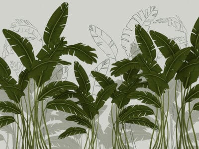 Green and gold tropical leaves wall mural on the light background