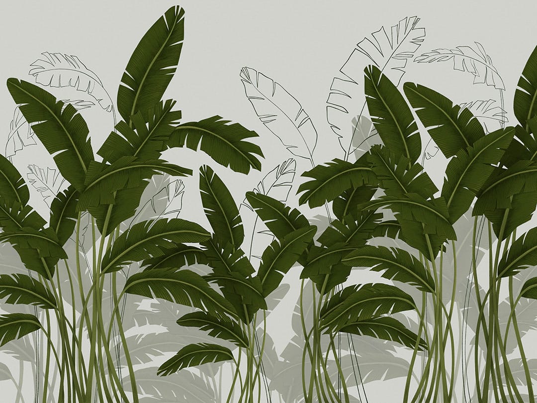 Green and gold tropical leaves wall mural on the light background