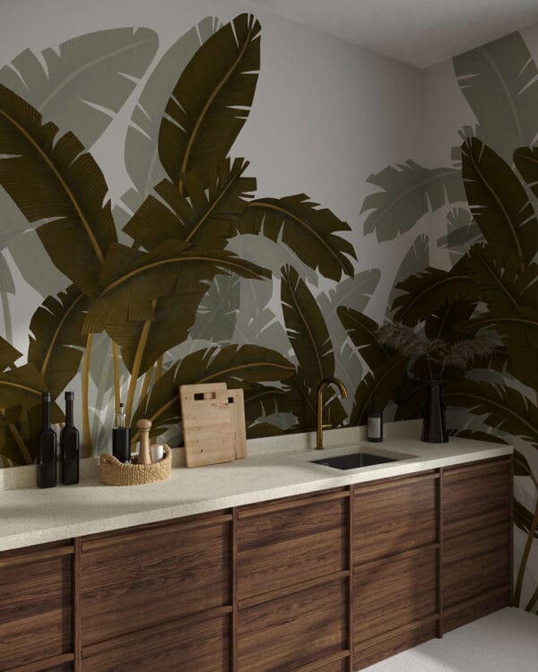 Tropical wall mural for the kitchen with illustrated banana leaf