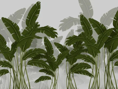 Tropical wall mural with illustrated navy green banana leaf
