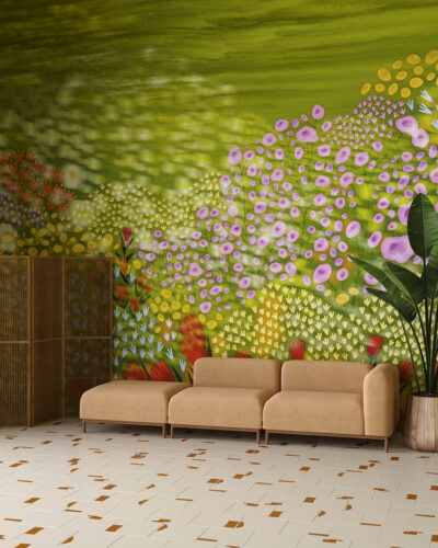 Abstract and bright wild flowers wall mural for the living room