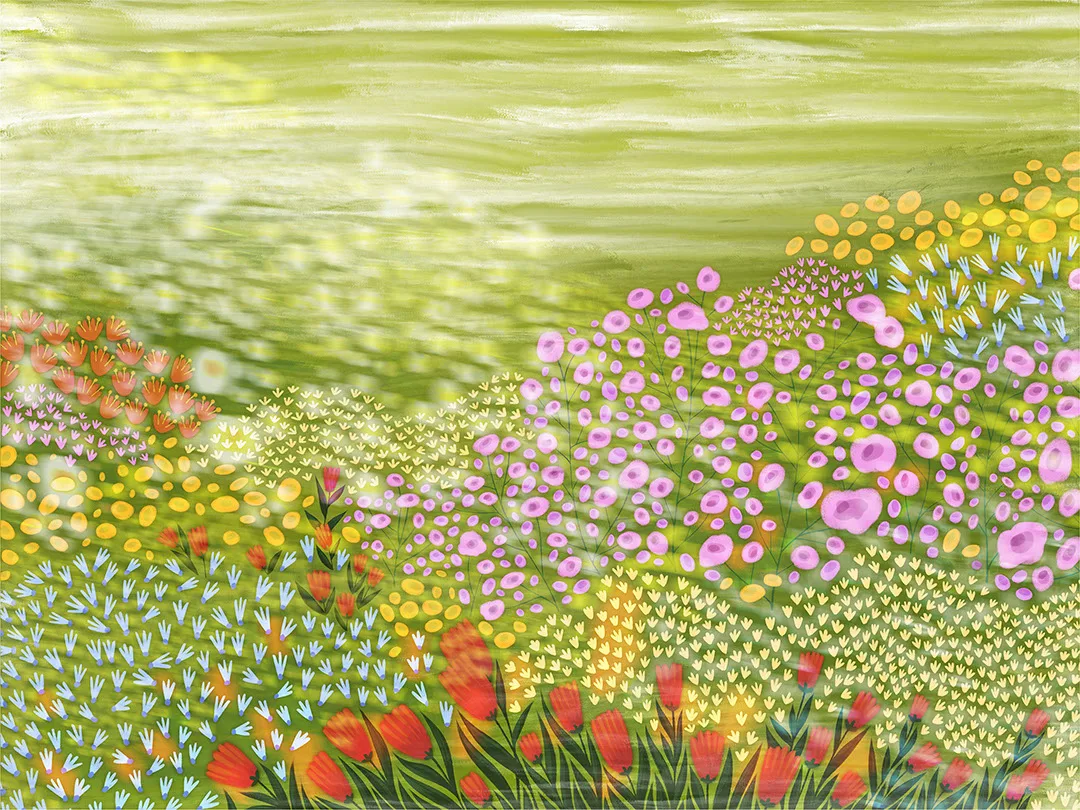 Nature wall mural with abstract and bright wild flowers and fog