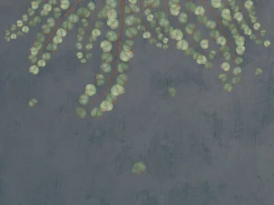 Overhanging botanical branches on the blue background wall mural