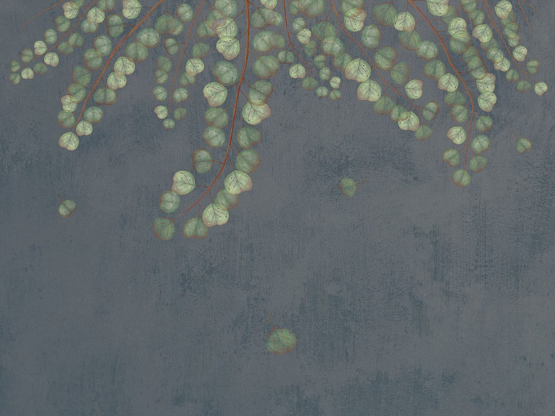 Overhanging botanical branches on the blue background wall mural