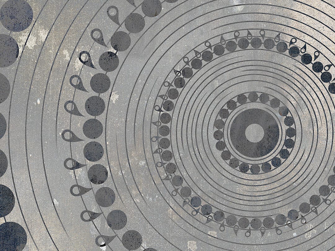 Mandala-inspired oversized geometric wall mural with gray pattern