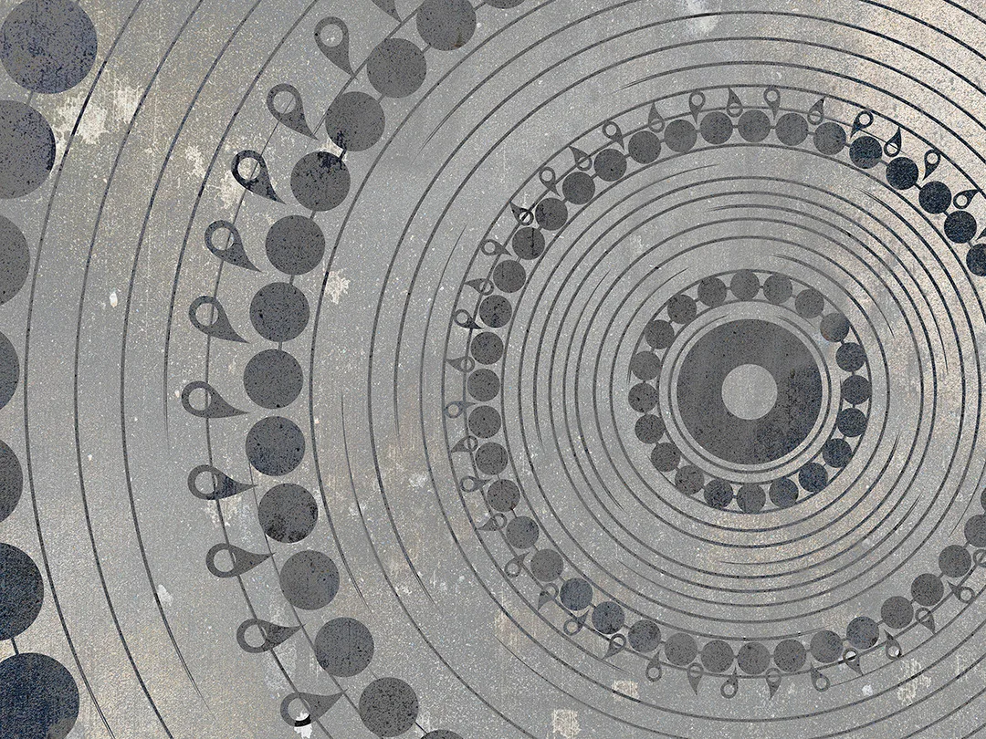 Mandala-inspired oversized geometric wall mural with gray pattern