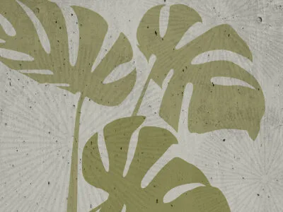 Abstract geometric wall mural with tropical leaves