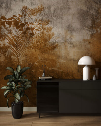 Golden forest with a metallic background wall mural for the living room
