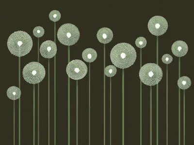 Illustrated minimalistic green dandelions on the dark background wall mural