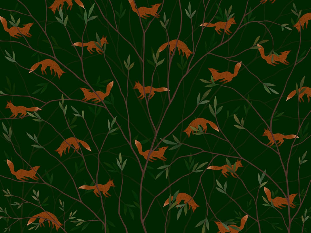 Little foxes on tree branches in dark forest wall mural