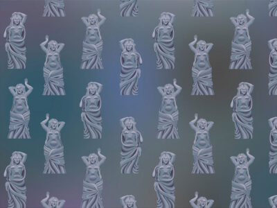 Greek statues on the blue background patterned wallpaper