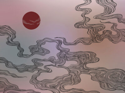 Black clouds and red sun in Asian style wall mural