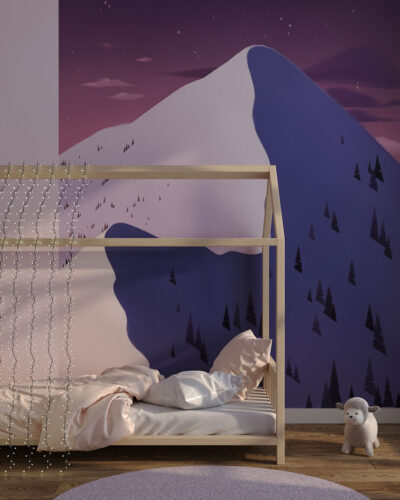 Asymmetrical wall mural for a children's room with graphic mountains
