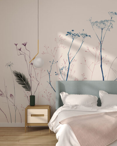 Delicate botanicals on a pastel background wall mural for the bedroom