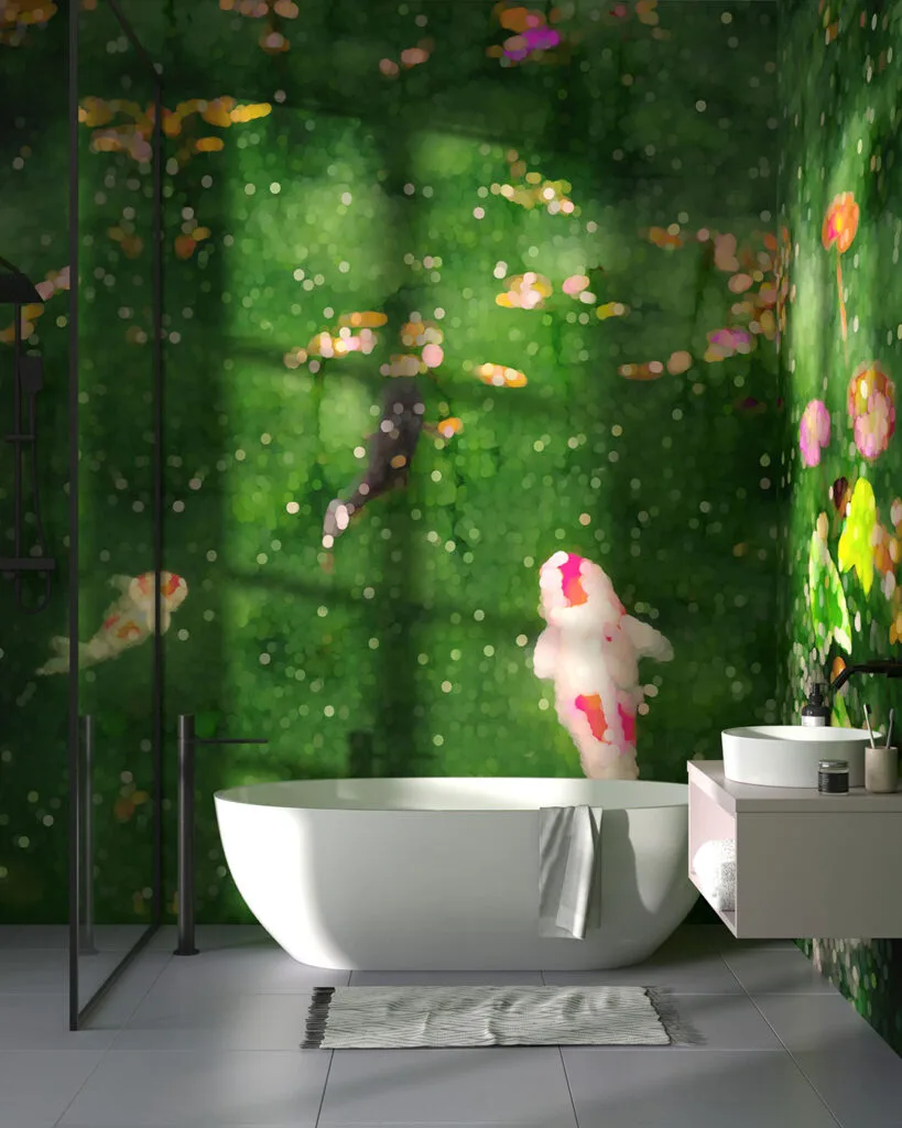 Wall Mural Ike for the bathroom - kith2kin.com Koi carps on a green background with a blur effect wall mural for the bathroom