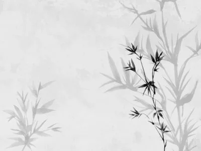 Neutral asymmetrical florals wall mural with shadows in Japandi style