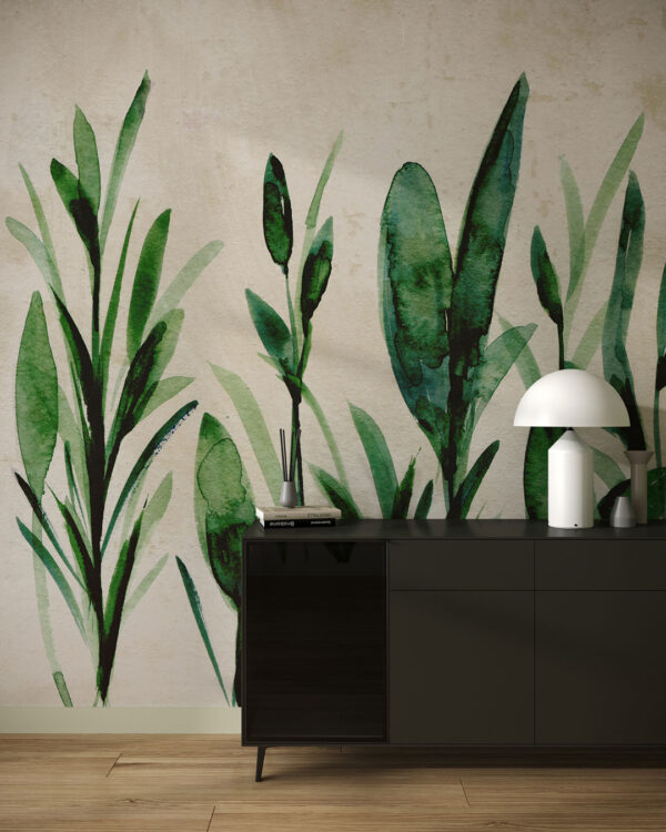Watercolor botanicals wall mural for the living room
