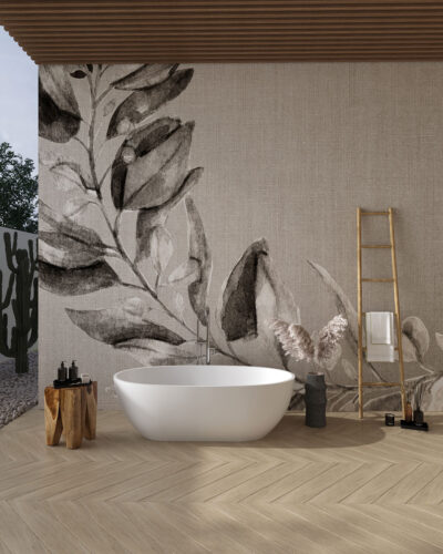Oversized watercolor flower branch wall mural for the bathroom