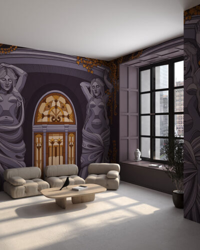 Antique statues and ivy arches wall mural for the living room