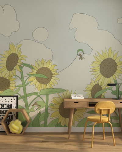 Delicate sunflower flowers with linear clouds wall mural for a children's room