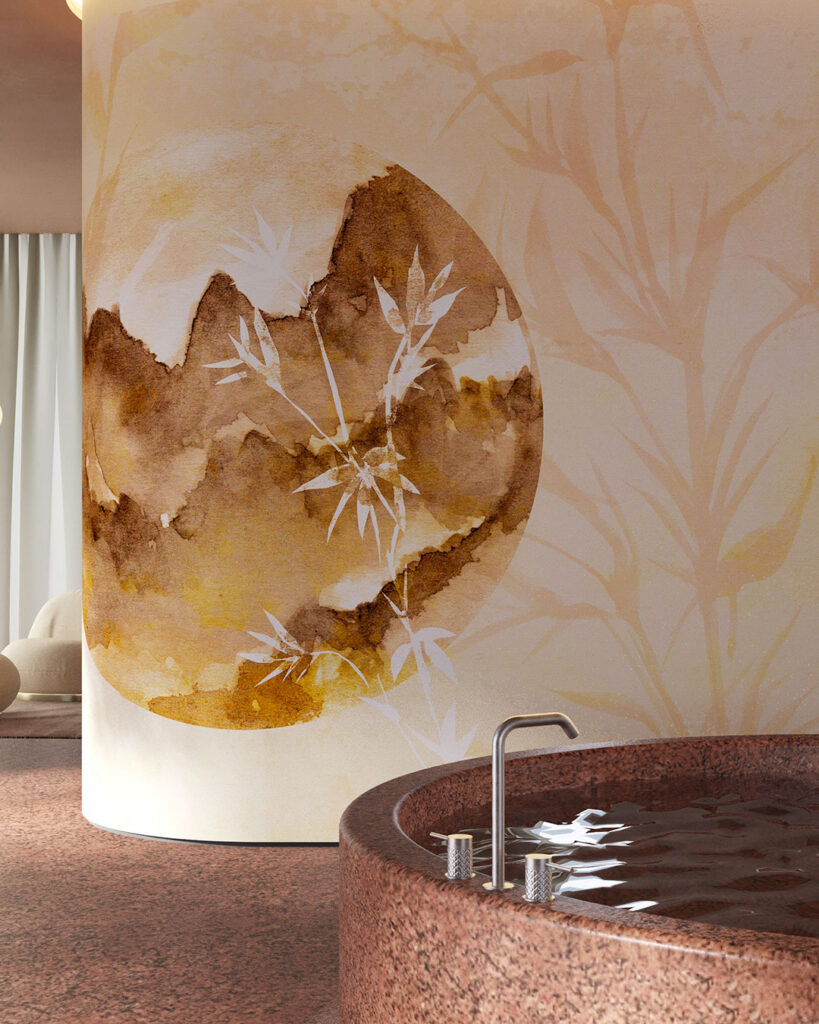 Asymmetric watercolor motif wall mural for the bath with bamboo and mountains in Asian style